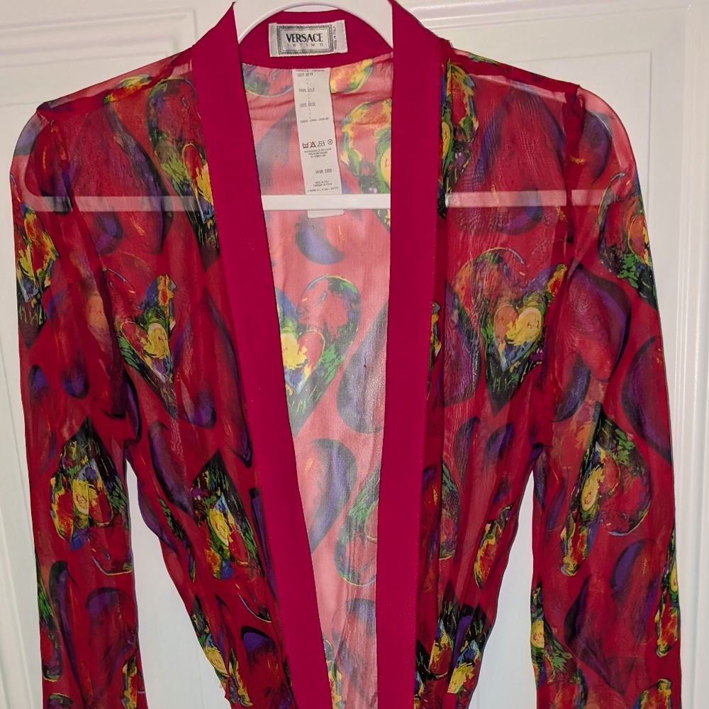 Vibrant Sheer Red Kimono with Artistic Print